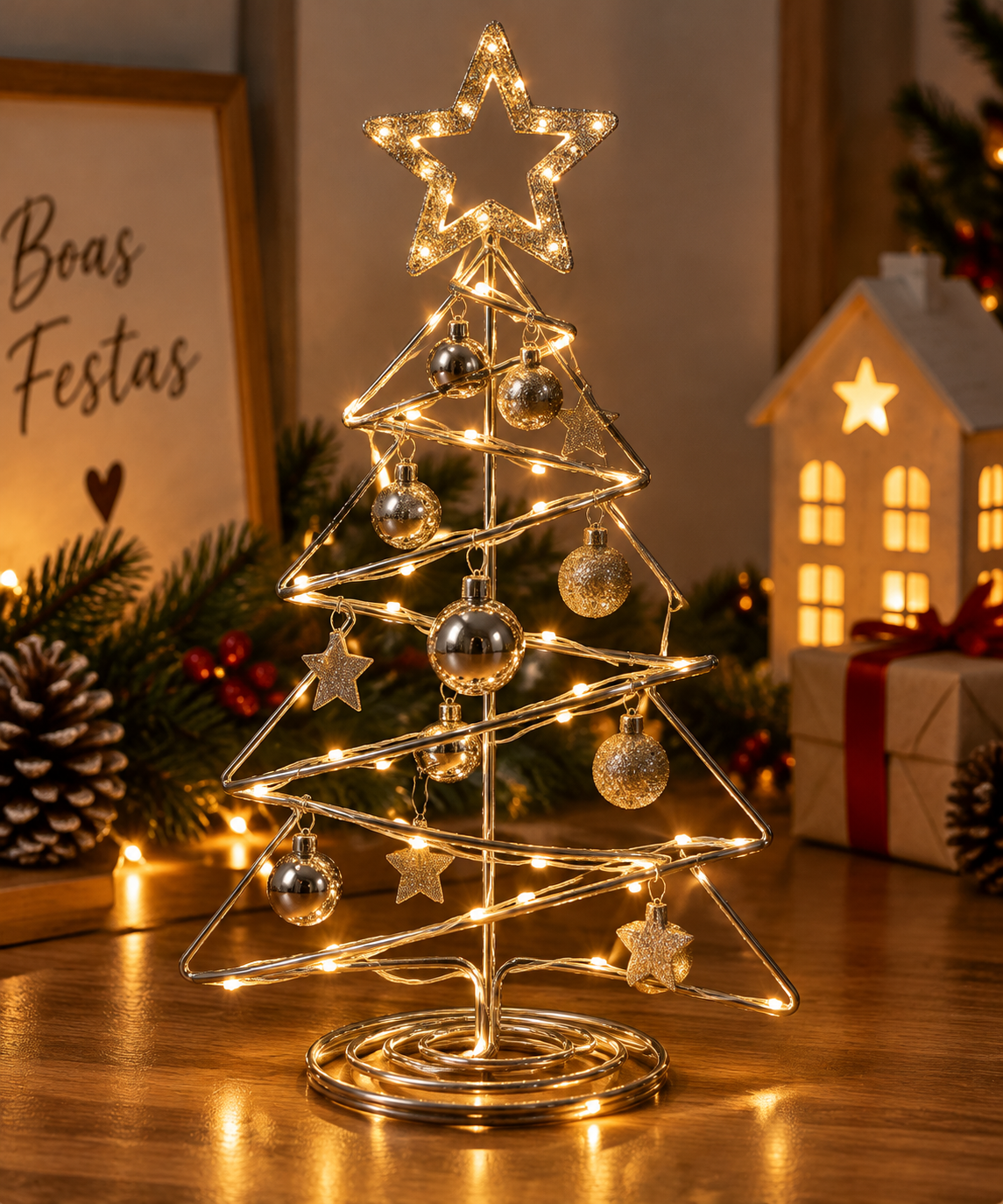 Árvore de Natal de arame iluminada com pisca-pisca, decorada com bolas e estrelas, sobre uma mesa de madeira