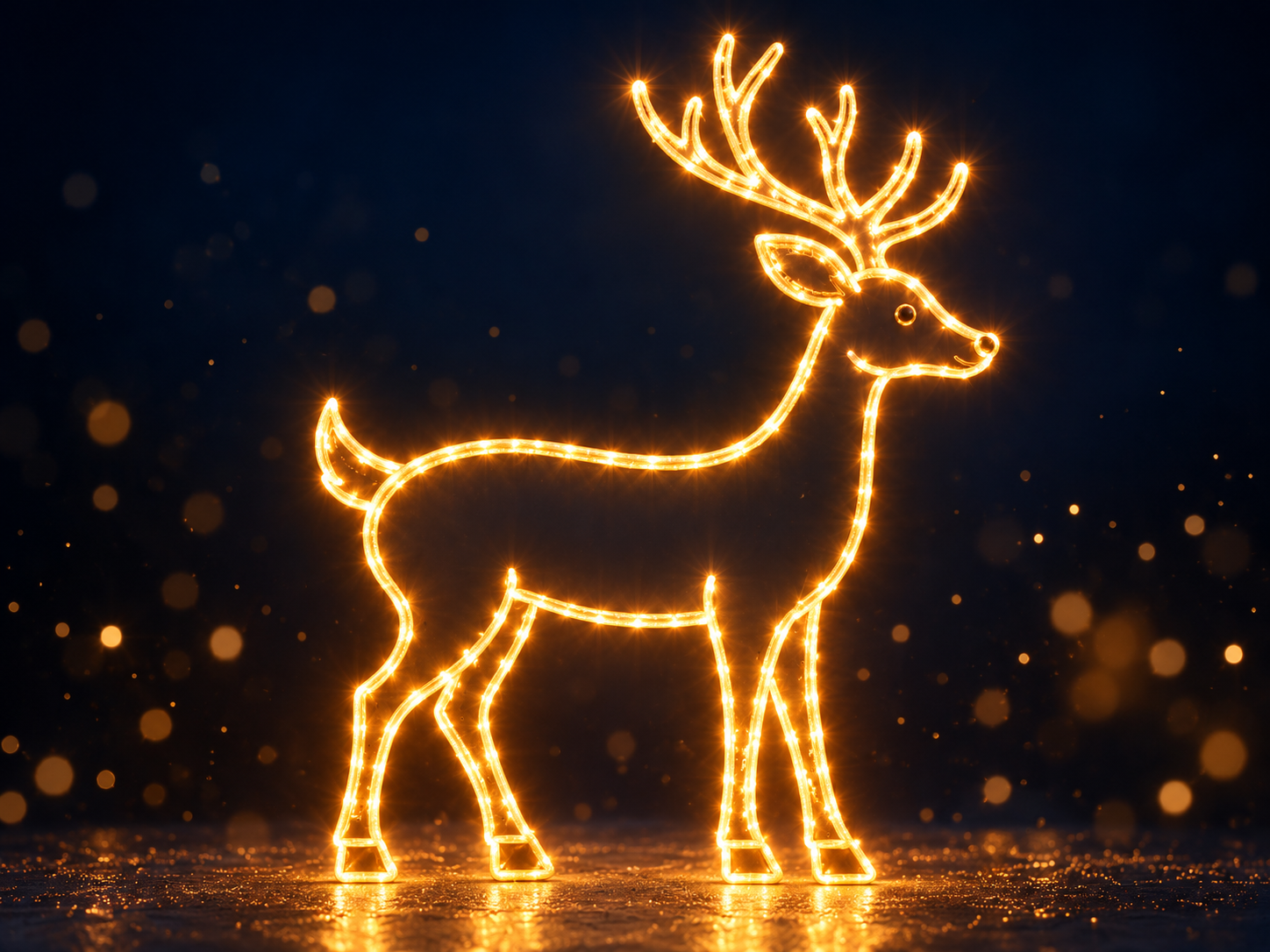 A mesma rena de contorno, agora iluminada com pisca-pisca