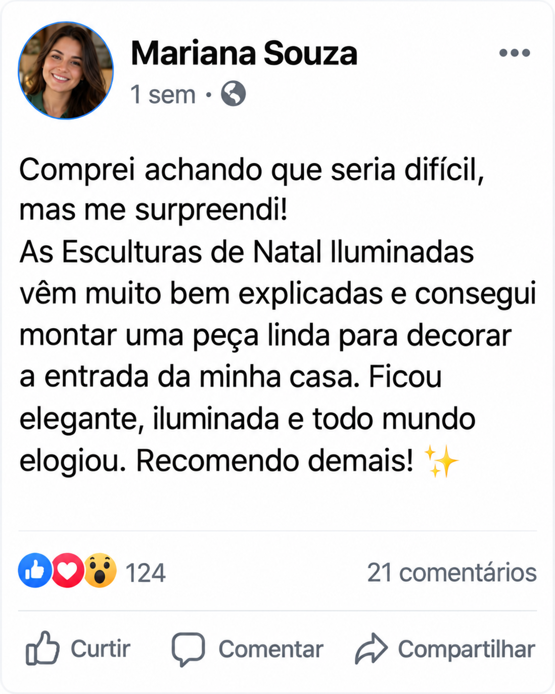 Depoimento de Mariana Souza: Comprei achando que seria difícil, mas me surpreendi! As Esculturas de Natal Iluminadas vêm muito bem explicadas e consegui montar uma peça linda para decorar a entrada da minha casa. Ficou elegante, iluminada e todo mundo elogiou. Recomendo demais!