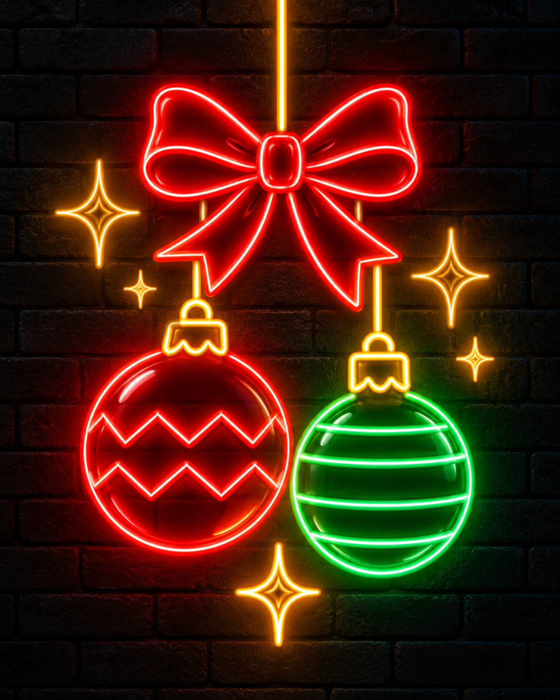 Duas bolas de Natal, vermelha e verde, com laço e brilhos em contorno luminoso sobre parede escura