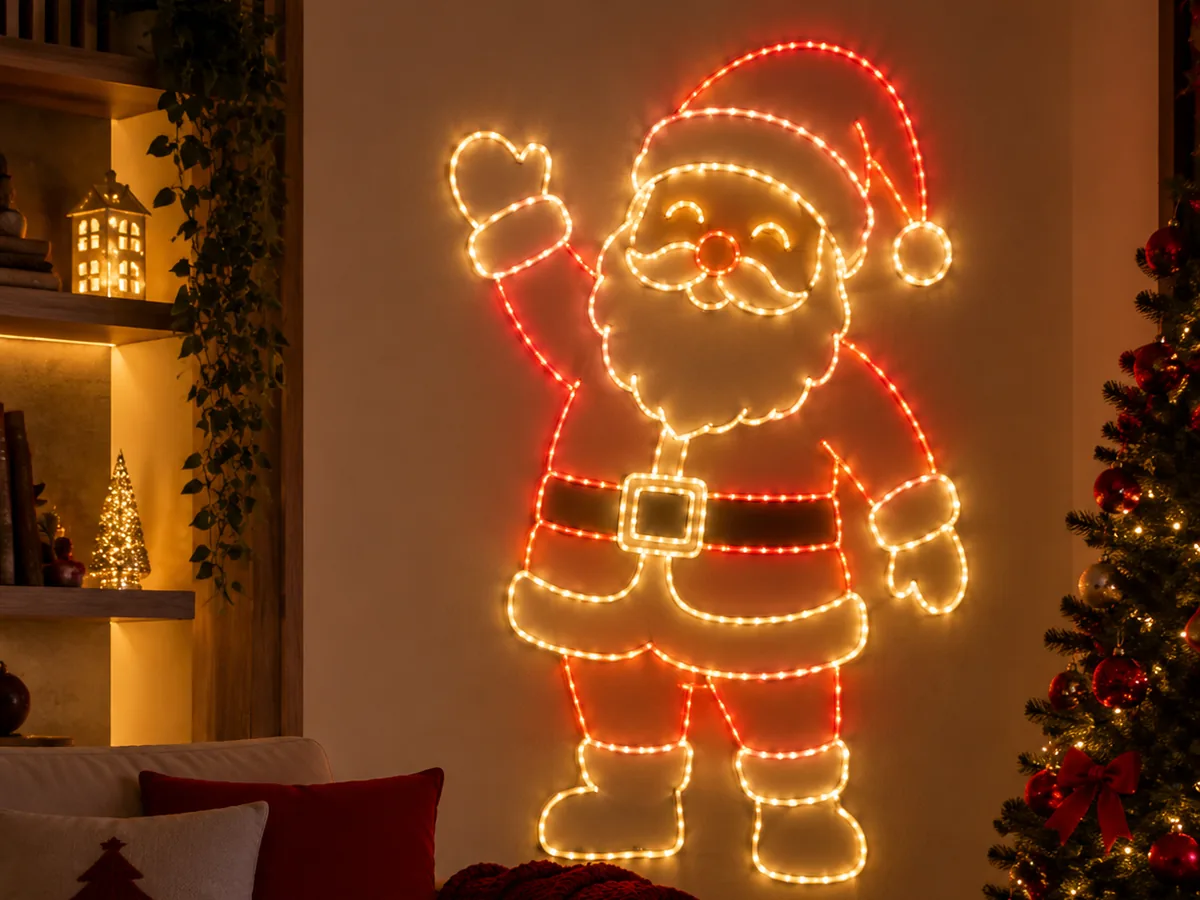 Papai Noel acenando em contorno iluminado na parede de uma sala aconchegante, ao lado da árvore de Natal